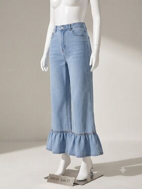 SHEIN Light Blue Flared Ruffle-Hem Wide Leg Jeans